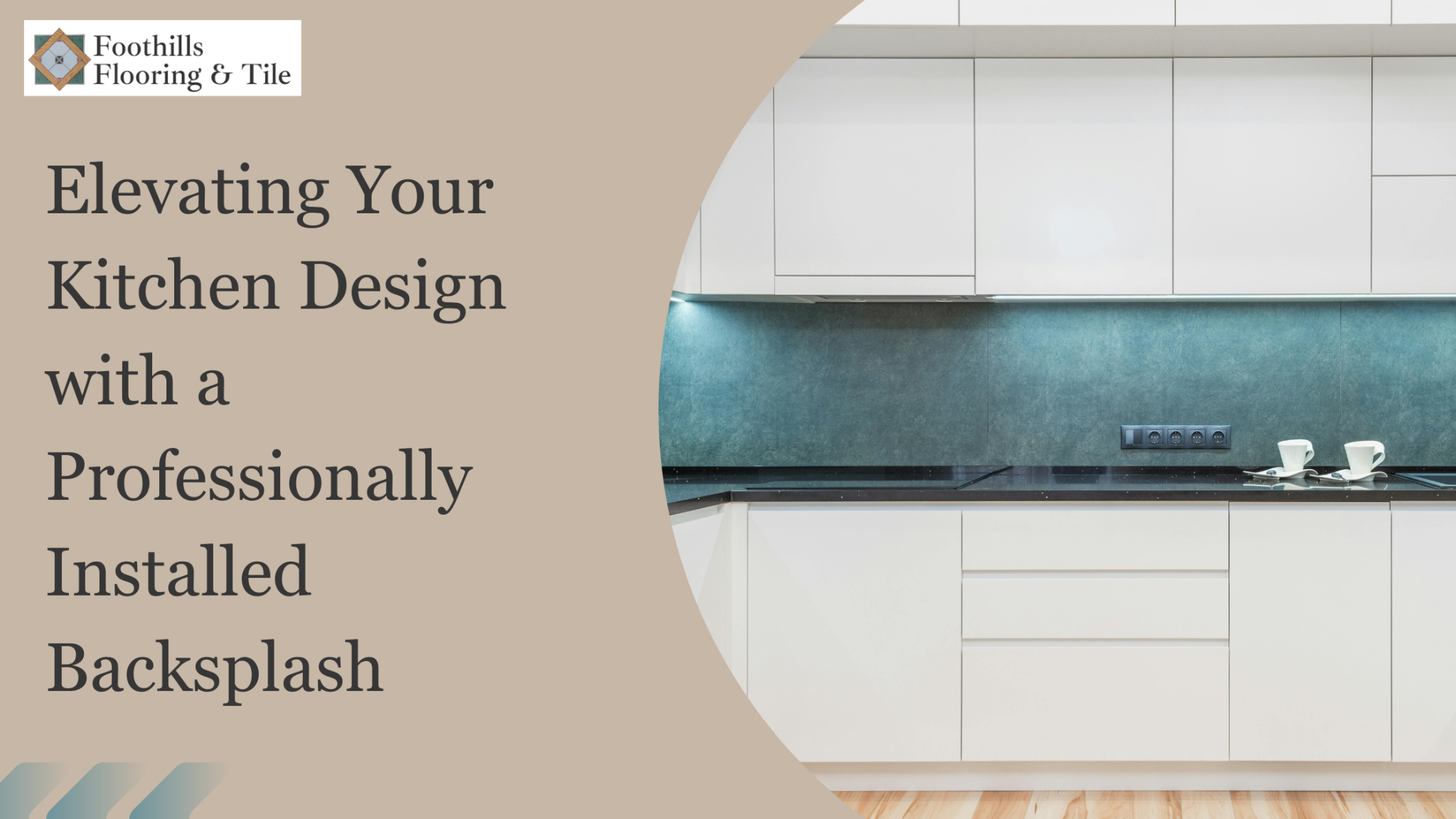 Modern kitchen with a teal backsplash and white cabinets.